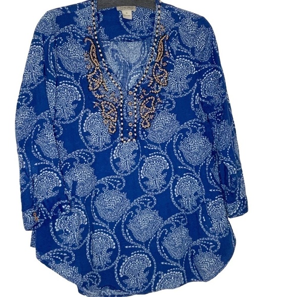 Lucky Brand blue blouse with side pockets and V neckline. Size M - Picture 3 of 10